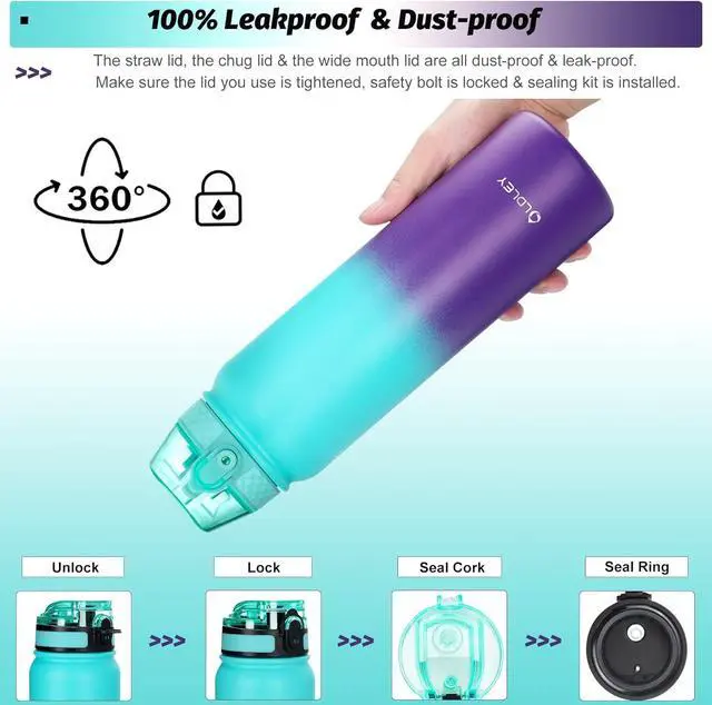 Alt view image 6 of 6 - OLDLEY Insulated Water Bottle with Straw 32oz Stainless Steel Water Bottles with 3 lids Double-Wall Vacuum Thermal for Kids Adults School Sports,A-Green-purple