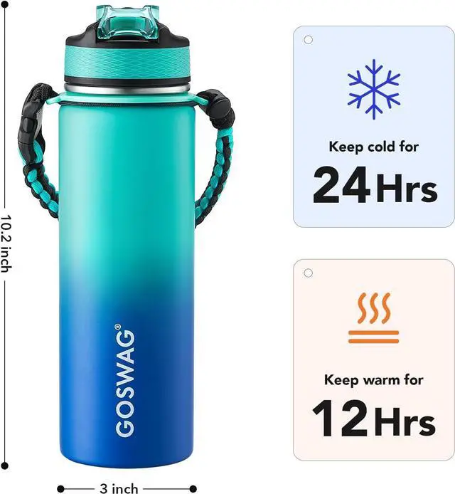 Alt view image 2 of 6 - GOSWAG Insulated Sports Water Bottle, 24oz 2 Lids(with Straw/No Straw), Stainless Steel Water Bottles with Paracord Handle, Insulated Thermos with Double-Wall Vacuum Insulation
