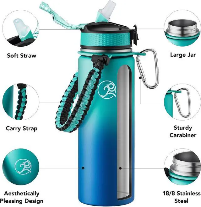 Alt view image 3 of 6 - GOSWAG Insulated Sports Water Bottle, 24oz 2 Lids(with Straw/No Straw), Stainless Steel Water Bottles with Paracord Handle, Insulated Thermos with Double-Wall Vacuum Insulation