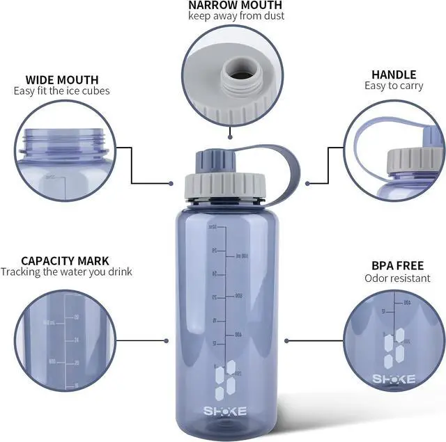 Alt view image 2 of 7 - SHOKE 1 Liter Water Bottle, 32oz BPA Free Non-Toxic Tritan Wide Mouth Leakproof Large Sports Water Bottles with Handle, Gym Space Cup For Fitness Yoga Workouts Hiking with Sponge Bottle Brush
