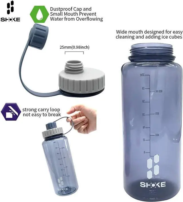 Alt view image 3 of 7 - SHOKE 1 Liter Water Bottle, 32oz BPA Free Non-Toxic Tritan Wide Mouth Leakproof Large Sports Water Bottles with Handle, Gym Space Cup For Fitness Yoga Workouts Hiking with Sponge Bottle Brush