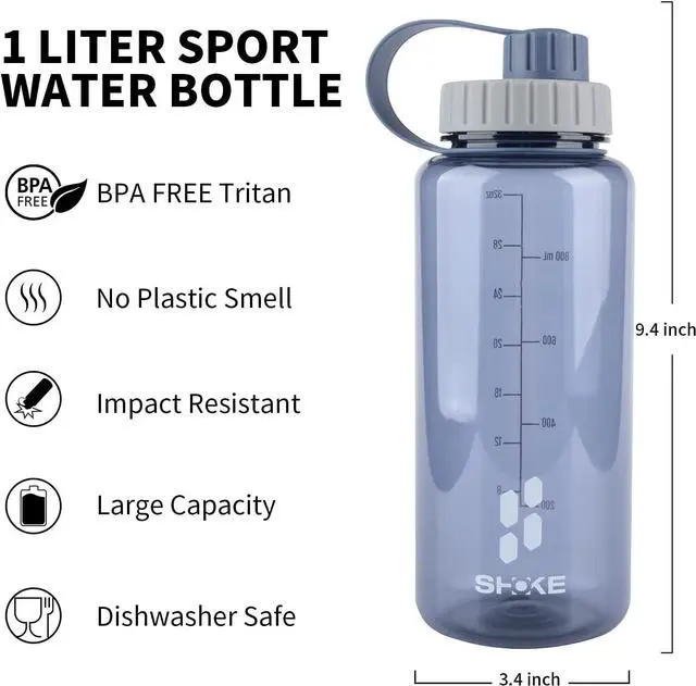Alt view image 4 of 7 - SHOKE 1 Liter Water Bottle, 32oz BPA Free Non-Toxic Tritan Wide Mouth Leakproof Large Sports Water Bottles with Handle, Gym Space Cup For Fitness Yoga Workouts Hiking with Sponge Bottle Brush