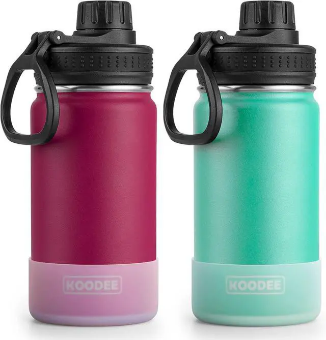 Main image of koodee Water Bottle for School 2 Pack 12 oz Stainless Steel Vacuum Insulated Wide Mouth Sports Water Bottle with Leakproof Spout Lid (Fuchsia Red-Teal)