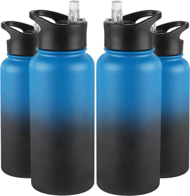 Main image of 32 Oz Insulated Water Bottle Bulk 4 Pack, Stainless Steel Sports Water Bottles with Straw Lid & Wide Mouth Lids, Double Walled Vacuum, Leak Proof, Blue Black Gradient