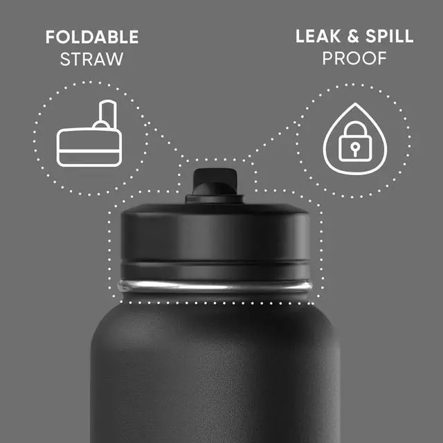 Alt view image 2 of 7 - Hydrapeak 32oz Sport Insulated Water Bottle with Straw or Chug Lid, Leak & Spill Proof, Keeps Drinks Cold for 24 Hours, Hot for 12 Hours, Premium Stainless Steel Water Bottles (32oz, Black)
