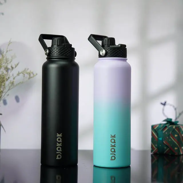 Alt view image 5 of 6 - BJPKPK 2 Pack Insulated Water Bottles with Straw Lids, 40oz Stainless Steel Metal Water Bottle with 6 Lids, Leak Proof BPA Free Thermos, Cups, Flasks for Travel, Sports (Oasis+Black)
