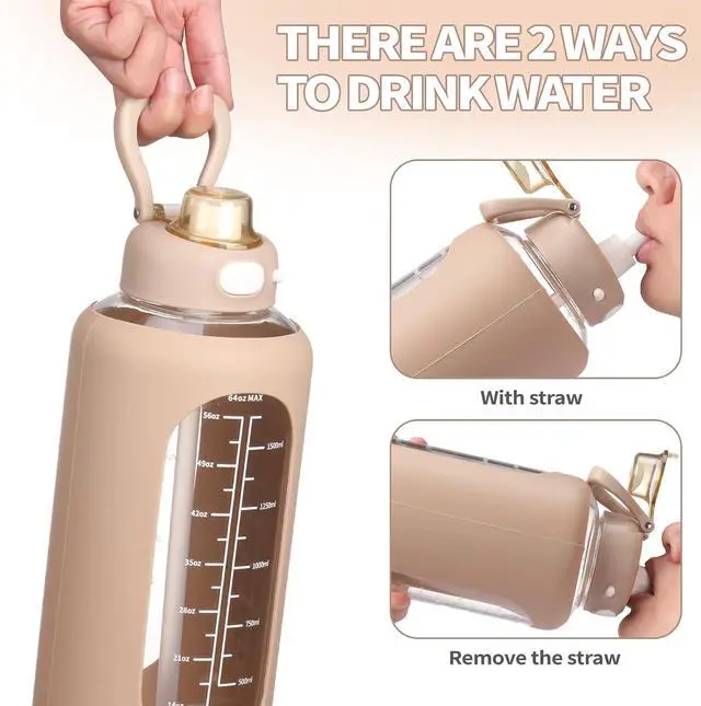 Alt view image 2 of 7 - SIEROZUR 64 oz Glass Sports Water Bottle with Straw and Handle, Motivational Time Marker, Leakproof, Gym, Travel