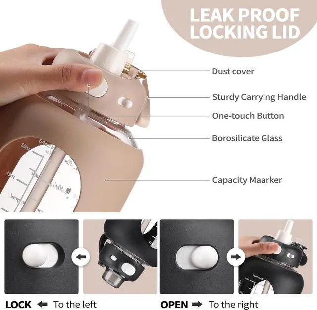 Alt view image 3 of 7 - SIEROZUR 64 oz Glass Sports Water Bottle with Straw and Handle, Motivational Time Marker, Leakproof, Gym, Travel