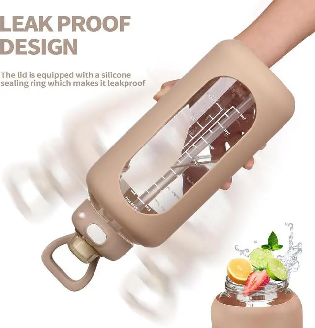 Alt view image 4 of 7 - SIEROZUR 64 oz Glass Sports Water Bottle with Straw and Handle, Motivational Time Marker, Leakproof, Gym, Travel