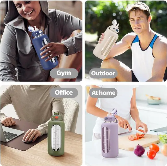 Alt view image 6 of 7 - SIEROZUR 64 oz Glass Sports Water Bottle with Straw and Handle, Motivational Time Marker, Leakproof, Gym, Travel