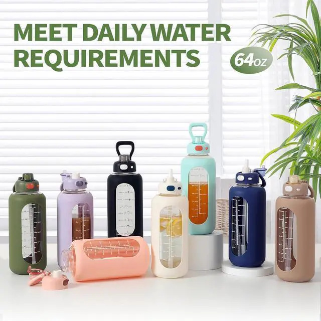 Alt view image 7 of 7 - SIEROZUR 64 oz Glass Sports Water Bottle with Straw and Handle, Motivational Time Marker, Leakproof, Gym, Travel