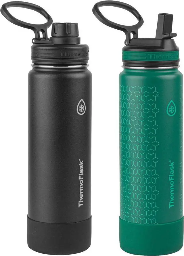 Main image of ThermoFlask 24 oz Double Wall Vacuum Insulated Stainless Steel 2-Pack of Water Bottles, Black / Malachite