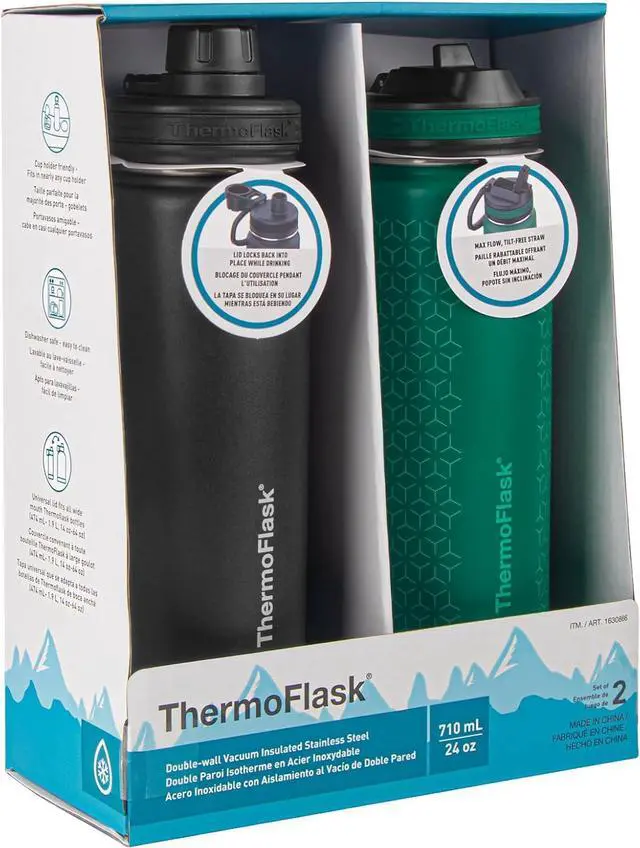 Alt view image 2 of 7 - ThermoFlask 24 oz Double Wall Vacuum Insulated Stainless Steel 2-Pack of Water Bottles, Black / Malachite