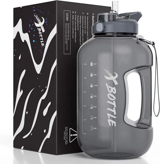 Main image of 1 Gallon Water Bottle with Straw & Chug lid, BPA Free Dishwasher Safe 128oz Large Water Bottle with Motivational Time Marker and Handle Leak-proof Big Water Jug for Camping Sports Workouts