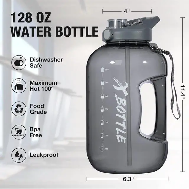 Alt view image 3 of 5 - 1 Gallon Water Bottle with Straw & Chug lid, BPA Free Dishwasher Safe 128oz Large Water Bottle with Motivational Time Marker and Handle Leak-proof Big Water Jug for Camping Sports Workouts