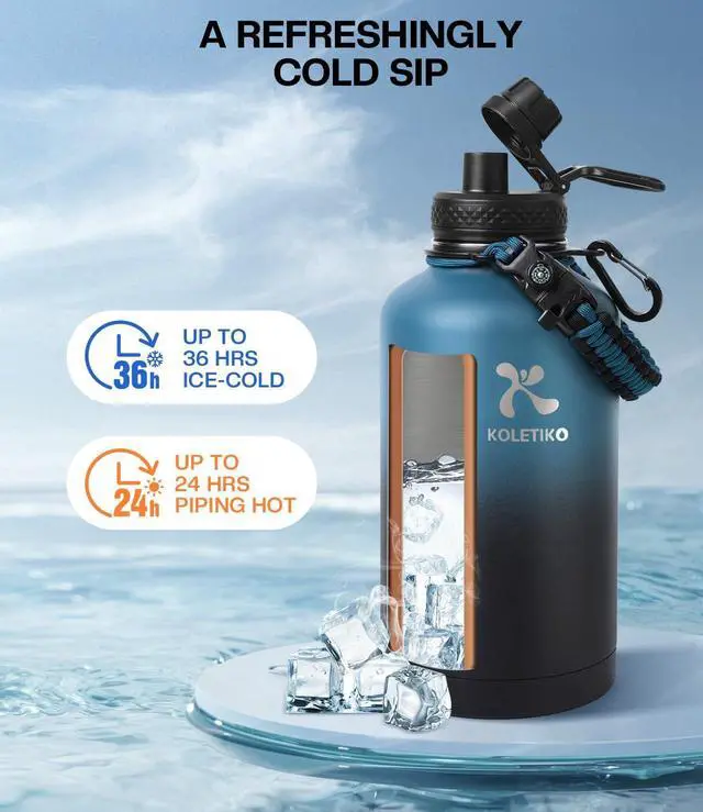 Alt view image 2 of 7 - Insulated Water Bottle 64 oz(COLD for 36 Hrs), Non-BPA & Leak Proof, Half Gallon Sports Stainless Steel Water Jug Large with Straw, Indigo Black