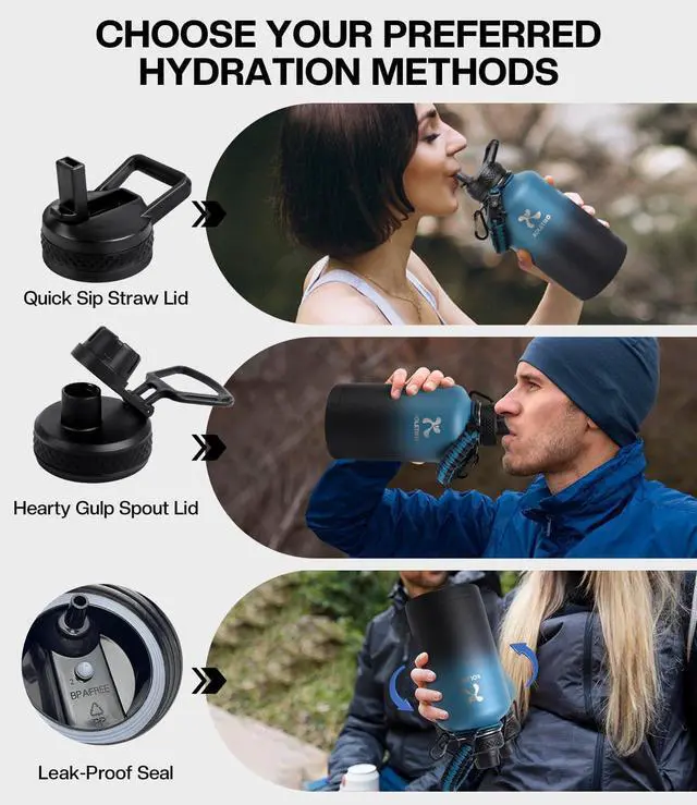 Alt view image 4 of 7 - Insulated Water Bottle 64 oz(COLD for 36 Hrs), Non-BPA & Leak Proof, Half Gallon Sports Stainless Steel Water Jug Large with Straw, Indigo Black