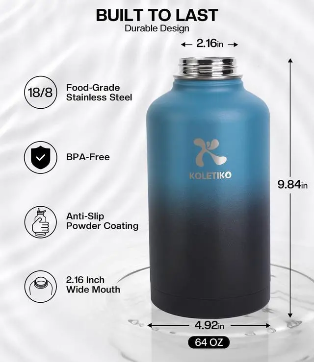Alt view image 5 of 7 - Insulated Water Bottle 64 oz(COLD for 36 Hrs), Non-BPA & Leak Proof, Half Gallon Sports Stainless Steel Water Jug Large with Straw, Indigo Black