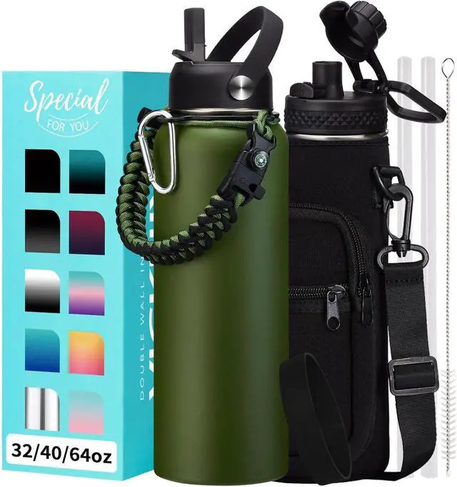 Main image of Stainless Steel Sports Water Bottle - 32/40/64 Oz Insulated Water Jug with Straw & Auto Spout Lid, Paracord Handle, Bottle Sleeve, Cold 48H Hot 24H, Sweat-Proof Tactical Flask for Hiking, Army Green