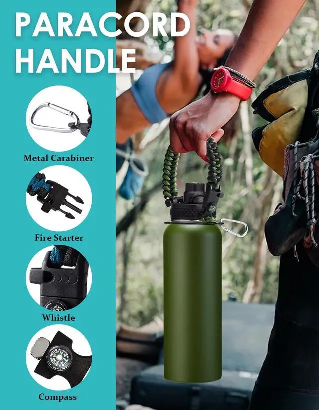 Alt view image 5 of 6 - Stainless Steel Sports Water Bottle - 32/40/64 Oz Insulated Water Jug with Straw & Auto Spout Lid, Paracord Handle, Bottle Sleeve, Cold 48H Hot 24H, Sweat-Proof Tactical Flask for Hiking, Army Green
