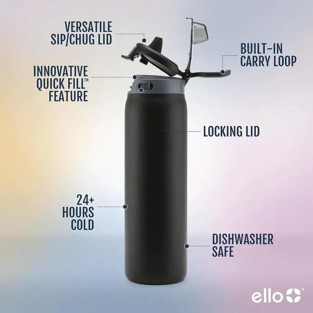 Alt view image 3 of 7 - Ello Pop & Fill Stainless Steel Water Bottle with Quick Fill Technology, Double Walled Vacuum Insulated Metal, Leak Proof Locking Lid, Sip & Chug, BPA Free, Holiday Gift for Him Her, 22oz, 32oz, 40oz