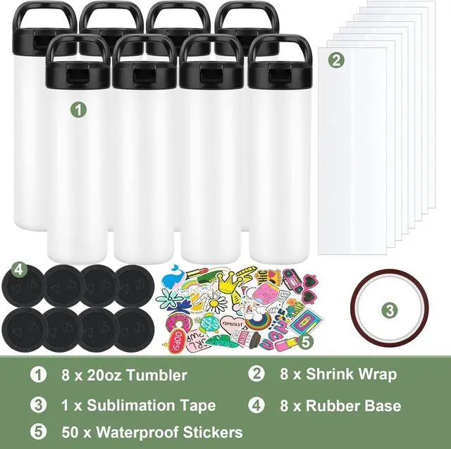 Alt view image 2 of 7 - 8 Pack 20oz Sublimation Tumbler Set Triple-Insulated Stainless Steel Sports Water Bottle with Straw Lid Blank Sublimation Cup with DIY Stickers, Shrink Wrap, Rubber Base, Heat Tape for Heat Transfer