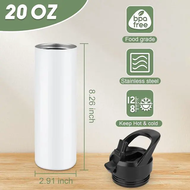 Alt view image 3 of 7 - 8 Pack 20oz Sublimation Tumbler Set Triple-Insulated Stainless Steel Sports Water Bottle with Straw Lid Blank Sublimation Cup with DIY Stickers, Shrink Wrap, Rubber Base, Heat Tape for Heat Transfer
