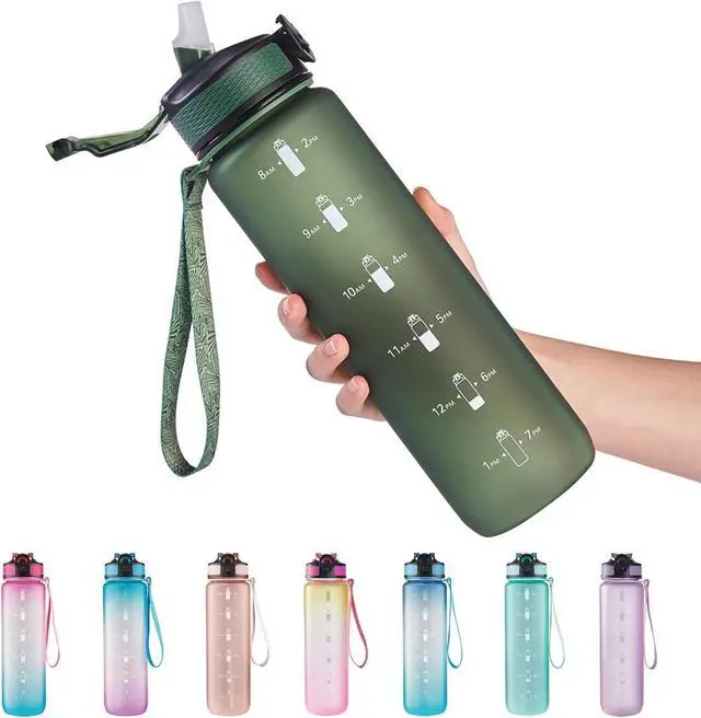 Main image of EYQ 32 oz Water Bottle with Time Marker, Carry Strap, Leak-Proof Tritan BPA-Free, Ensure You Drink Enough Water for Fitness, Gym, Camping, Outdoor Sports