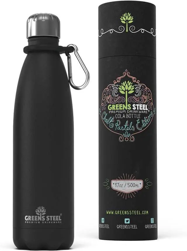 Main image of Greens Steel Stainless Steel Water Bottle - 17 oz, Black | Vacuum Insulated Double Wall with Screw Lid/Leak Proof | Thermal Travel Sports Canteen Coffee Flask