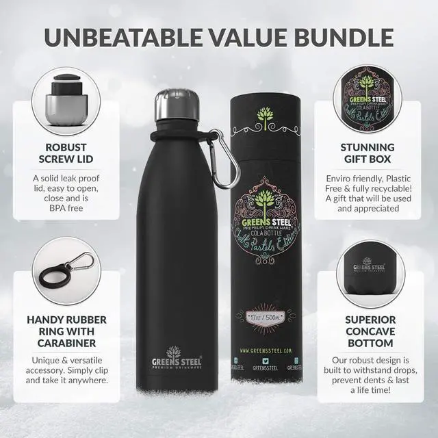 Alt view image 2 of 7 - Greens Steel Stainless Steel Water Bottle - 17 oz, Black | Vacuum Insulated Double Wall with Screw Lid/Leak Proof | Thermal Travel Sports Canteen Coffee Flask