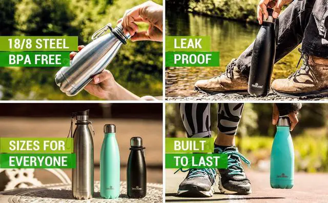 Alt view image 3 of 7 - Greens Steel Stainless Steel Water Bottle - 17 oz, Black | Vacuum Insulated Double Wall with Screw Lid/Leak Proof | Thermal Travel Sports Canteen Coffee Flask