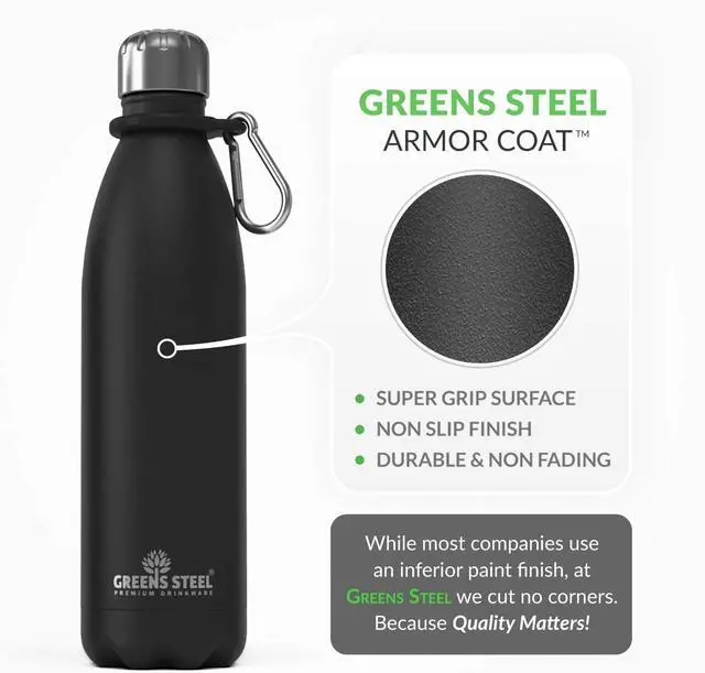 Alt view image 4 of 7 - Greens Steel Stainless Steel Water Bottle - 17 oz, Black | Vacuum Insulated Double Wall with Screw Lid/Leak Proof | Thermal Travel Sports Canteen Coffee Flask