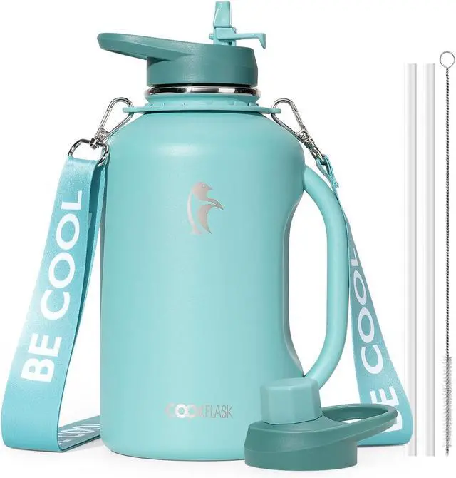 Main image of Half Gallon Water Bottle Insulated, Coolflask 64 oz Insulated Stainless Steel Water Jug Metal Double-Walled Vacuum Large Flask With Strap Straw Leakproof, Keep Cold 48 Hrs Hot 24hrs, Green