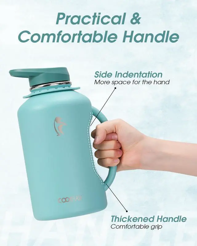 Alt view image 2 of 7 - Half Gallon Water Bottle Insulated, Coolflask 64 oz Insulated Stainless Steel Water Jug Metal Double-Walled Vacuum Large Flask With Strap Straw Leakproof, Keep Cold 48 Hrs Hot 24hrs, Green