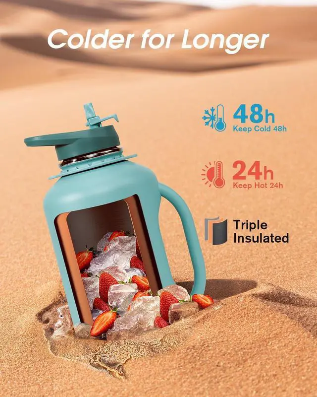Alt view image 3 of 7 - Half Gallon Water Bottle Insulated, Coolflask 64 oz Insulated Stainless Steel Water Jug Metal Double-Walled Vacuum Large Flask With Strap Straw Leakproof, Keep Cold 48 Hrs Hot 24hrs, Green