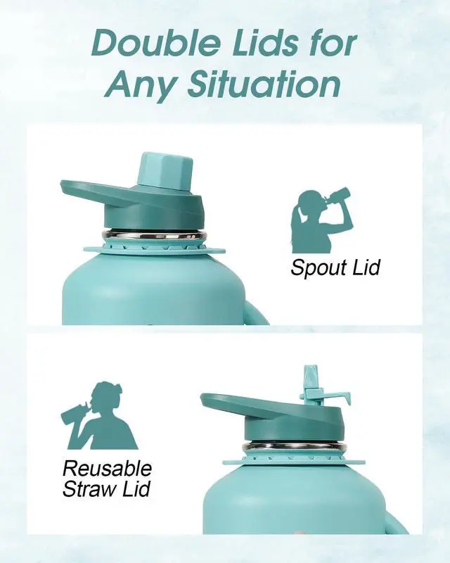 Alt view image 4 of 7 - Half Gallon Water Bottle Insulated, Coolflask 64 oz Insulated Stainless Steel Water Jug Metal Double-Walled Vacuum Large Flask With Strap Straw Leakproof, Keep Cold 48 Hrs Hot 24hrs, Green