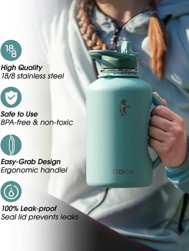 Alt view image 5 of 7 - Half Gallon Water Bottle Insulated, Coolflask 64 oz Insulated Stainless Steel Water Jug Metal Double-Walled Vacuum Large Flask With Strap Straw Leakproof, Keep Cold 48 Hrs Hot 24hrs, Green