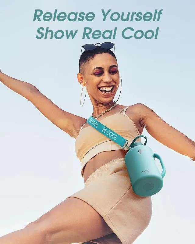 Alt view image 6 of 7 - Half Gallon Water Bottle Insulated, Coolflask 64 oz Insulated Stainless Steel Water Jug Metal Double-Walled Vacuum Large Flask With Strap Straw Leakproof, Keep Cold 48 Hrs Hot 24hrs, Green