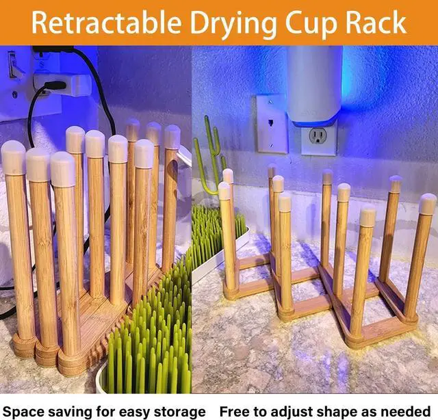 Alt view image 3 of 7 - Bamboo Retractable Bottle Drying Rack Cup Dish Drying Rack,Sports Water Bottle and Mug Drainer Stand, Plastic Bag Dryer Rack and Multifunctional Drying Rack for Kitchen Countertop