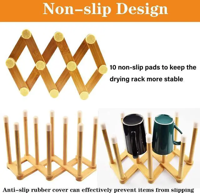 Alt view image 4 of 7 - Bamboo Retractable Bottle Drying Rack Cup Dish Drying Rack,Sports Water Bottle and Mug Drainer Stand, Plastic Bag Dryer Rack and Multifunctional Drying Rack for Kitchen Countertop
