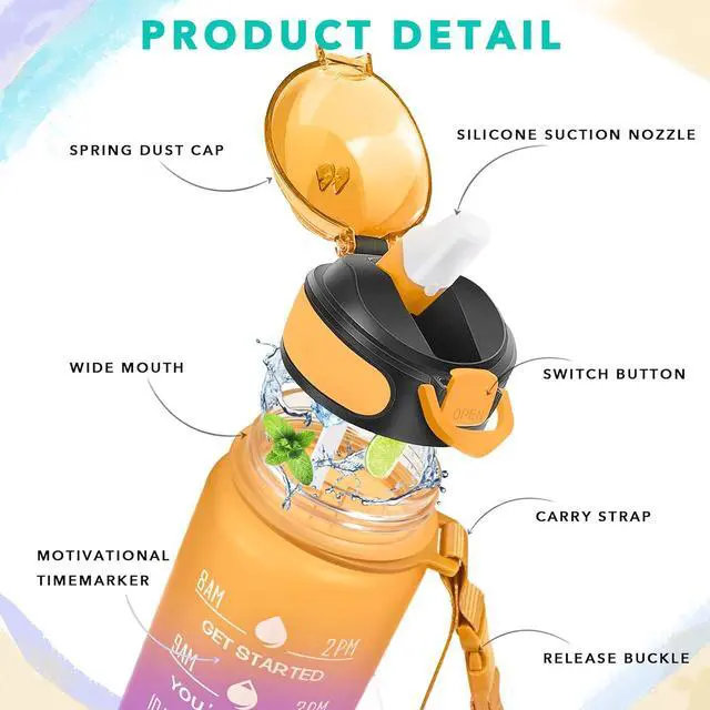 Alt view image 3 of 6 - Enerbone 32 oz Water Bottle with Times to Drink and Straw, Motivational Drinking Water Bottles with Carrying Strap, Leakproof BPA & Toxic Free, Ensure You Drink Enough Water for Fitness Gym Outdoor