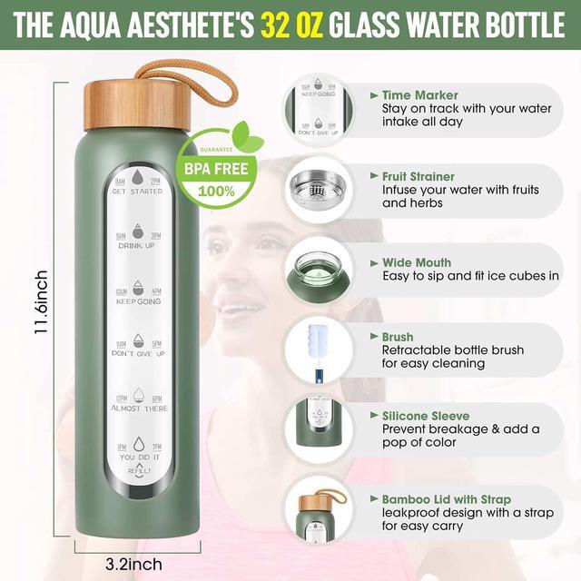 Alt view image 3 of 6 - Aqulea Glass Water Bottles 32 Oz with Silicone Sleeve - BPA Free Reusable Wide Mouth Glass Motivational Water Bottles with Fruit Infuser  Leak Proof Borosilicate Water Bottle with Time Marker (Green)
