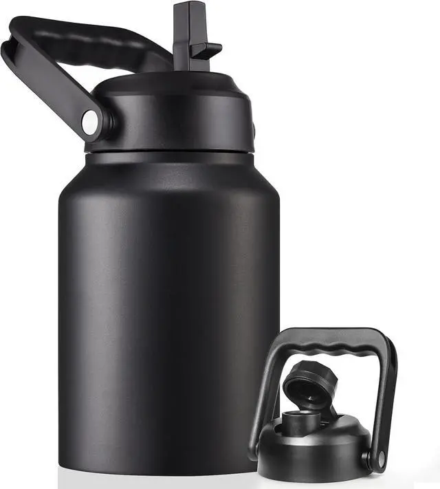 Main image of Half Gallon Insulated Water Bottle Jug with Straw, 64 oz Large Stainless Steel Sports Metal Water Flask with Handle, Thermal Water Cup Mug with 2 Lids, Black