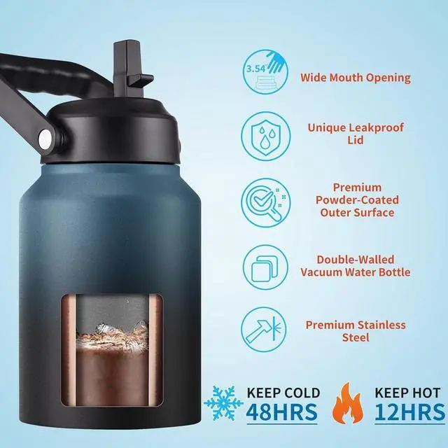 Alt view image 3 of 6 - Half Gallon Insulated Water Bottle Jug with Straw, 64 oz Large Stainless Steel Sports Metal Water Flask with Handle, Thermal Water Cup Mug with 2 Lids, Black