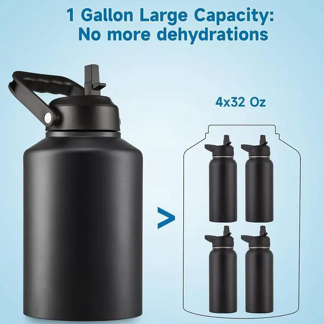 Alt view image 4 of 6 - Half Gallon Insulated Water Bottle Jug with Straw, 64 oz Large Stainless Steel Sports Metal Water Flask with Handle, Thermal Water Cup Mug with 2 Lids, Black