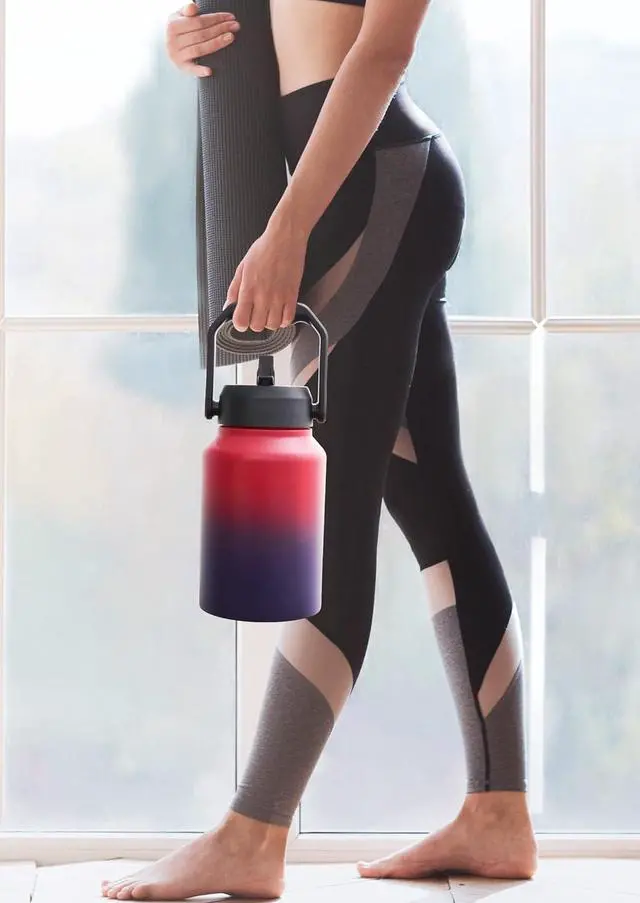 Alt view image 6 of 6 - Half Gallon Insulated Water Bottle Jug with Straw, 64 oz Large Stainless Steel Sports Metal Water Flask with Handle, Thermal Water Cup Mug with 2 Lids, Black