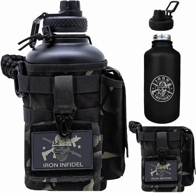Main image of Iron Infidel Battle Bottle - Half Gallon Insulated Water Bottle with Paracord Handle - Large 64 oz Stainless Steel Water Jug & Rugged, Removable Sleeve For Keys, Wallet, Phone (Black Camo 2 Liter)