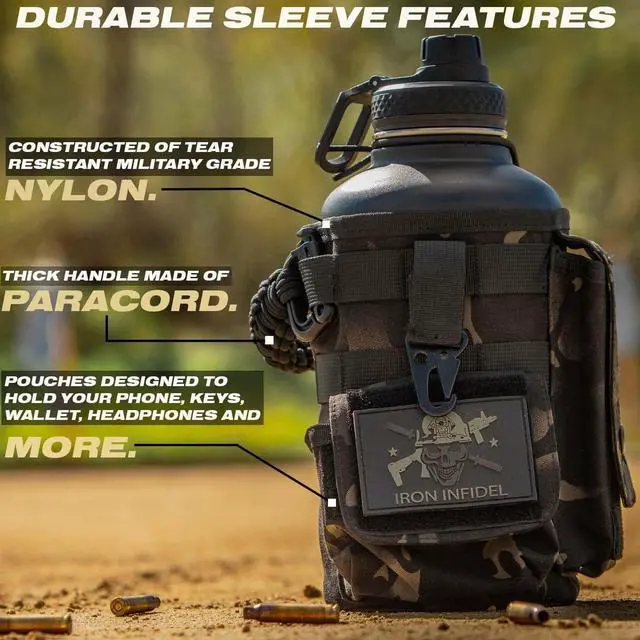 Alt view image 3 of 7 - Iron Infidel Battle Bottle - Half Gallon Insulated Water Bottle with Paracord Handle - Large 64 oz Stainless Steel Water Jug & Rugged, Removable Sleeve For Keys, Wallet, Phone (Black Camo 2 Liter)