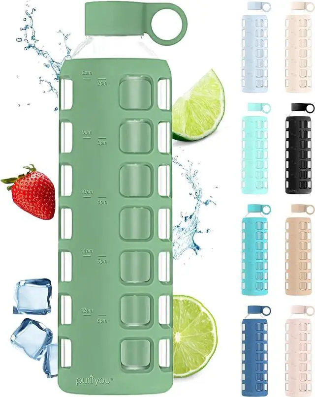 Main image of purifyou 40oz / 32oz / 22oz / 12oz Borosilicate Glass Water Bottle with Time & Volume Markers, Silicone Sleeve, Stainless Steel Lid | Reusable Glass Bottle for Water & Juice (32oz Shale Green)