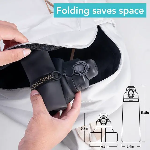 Alt view image 7 of 7 - Collapsible 32oz Silicone Water Bottle, Foldable Travel Bottle with Strap, BPA Free, Leakproof for Hiking, International Travel, Outdoors (Black)